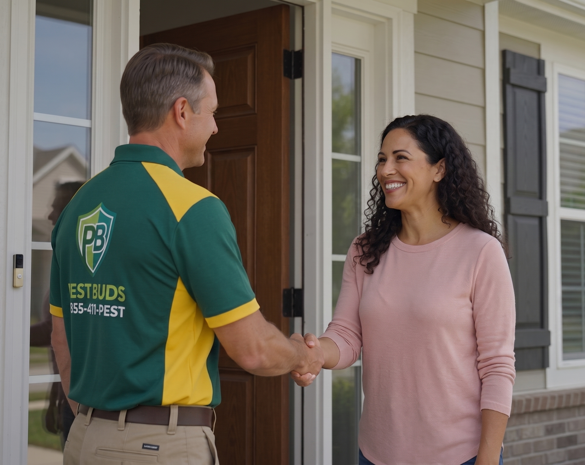 Friendly Pest Buds technician meeting with satisfied homeowner in South Florida